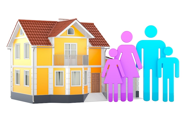 PSD casa con representación 3d de la familia aislada en un fondo transparente