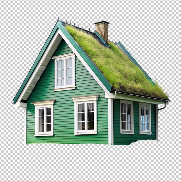 PSD casa con techo verde en un fondo transparente