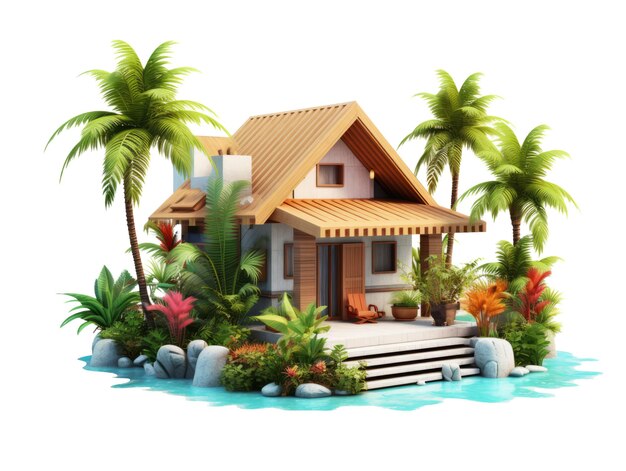 PSD casa tropical isométrica con palmera.