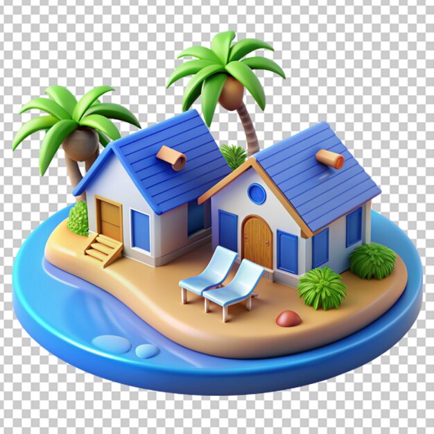 PSD casa tropical malaia de madera de 3d con palmera