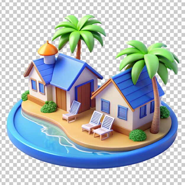 PSD casa tropical malaia de madera de 3d con palmera