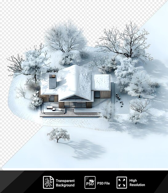 PSD casa única cubierta de nieve rodeada de árboles desnudos y cubiertos de nieve bajo un cielo blanco
