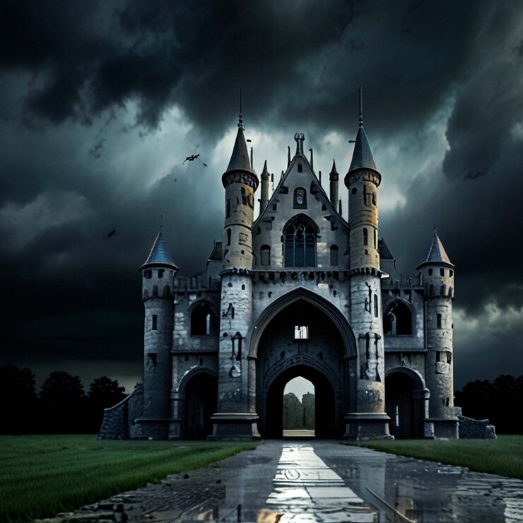 PSD casa velha na floresta escura à noite conceito de halloween de horror