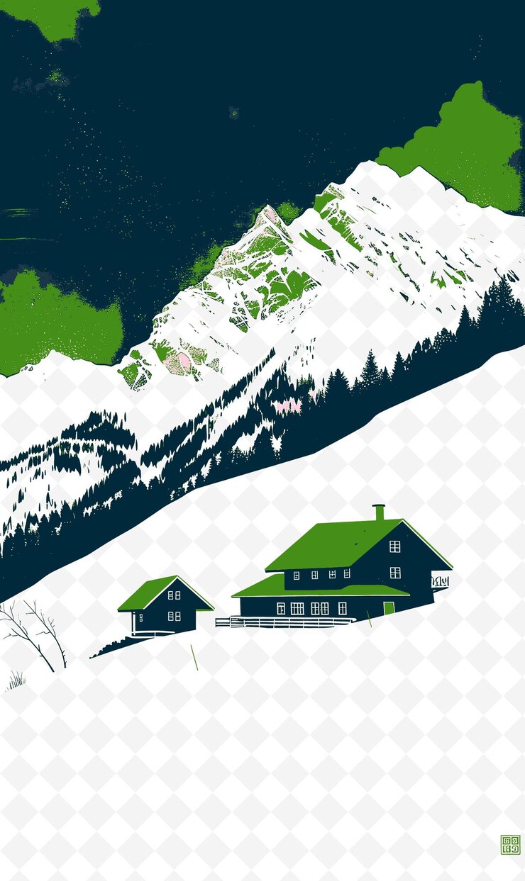 PSD una casa verde se sienta frente a una montaña con un techo verde