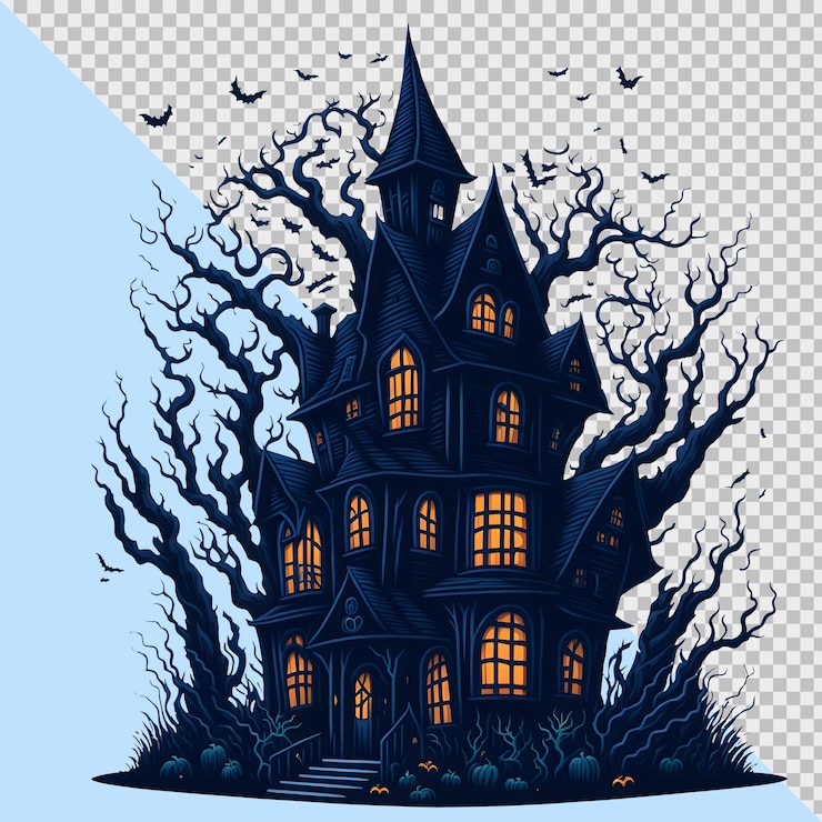 PSD casa victoriana con ventanas brillantes y calabazas png clipart