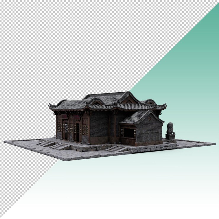 PSD casa vieja de madera amarilla de roca china
