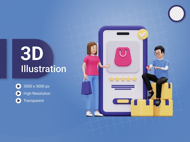 PSD casal 3d fazendo ilustração de compras online