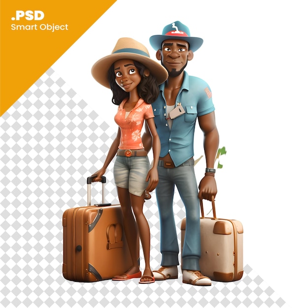 PSD casal afro-americano feliz com malas; isolado em fundo branco. modelo psd