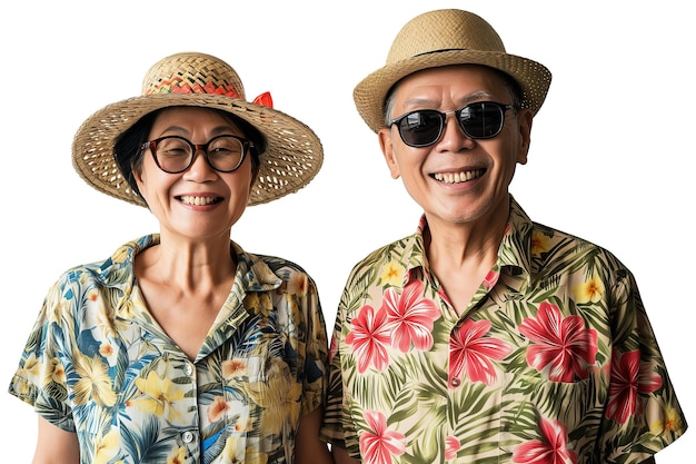 PSD casal alegre de idosos asiáticos em camisas havaianas fundo transparente