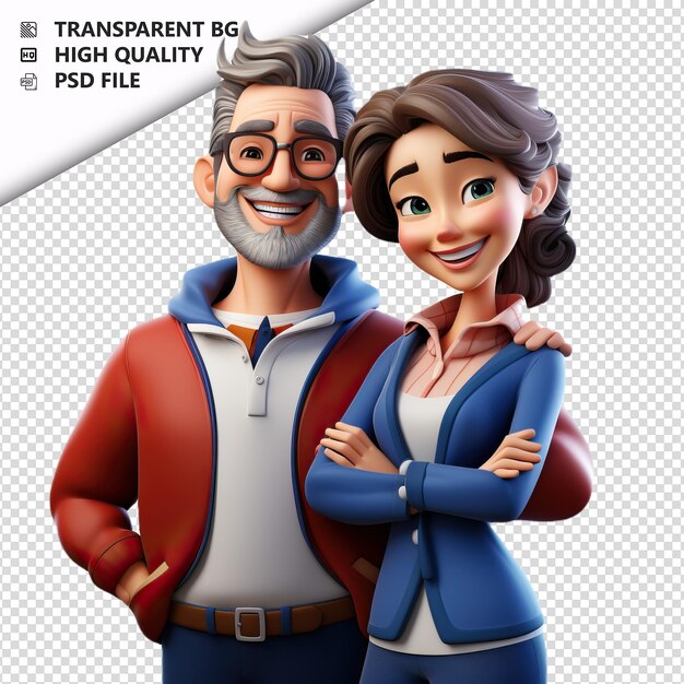 PSD casal americano educado em 3d estilo desenho animado com fundo branco