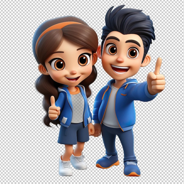 PSD casal asiático enérgico em 3d com fundo transparente em estilo desenho animado