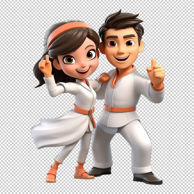 PSD casal asiático enérgico em 3d com fundo transparente em estilo desenho animado
