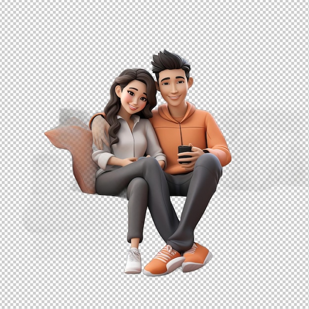 PSD casal asiático relaxando em 3d com fundo transparente em estilo de desenho animado