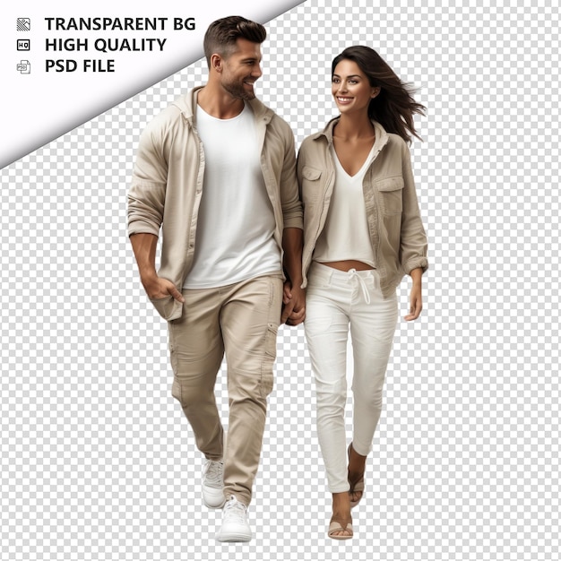 Casal branco caminhando estilo ultra-realista fundo branco