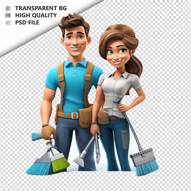 Casal branco limpando 3d estilo de desenho animado fundo branco i