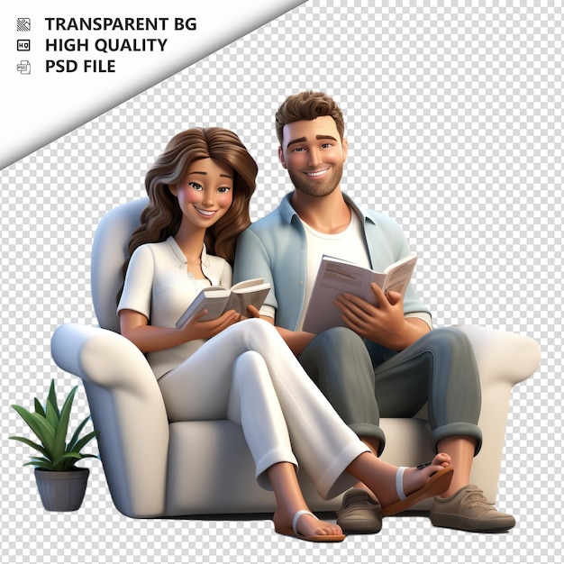 PSD casal branco relaxando em 3d estilo de desenho animado com fundo branco