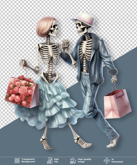 PSD casal de esqueletos de sexta-feira preta com saco de compras em fundo transparente