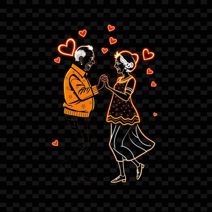 PSD casal de idosos dançando neon shadow art design com tema de cor amarela e laranja quente decorado wit1