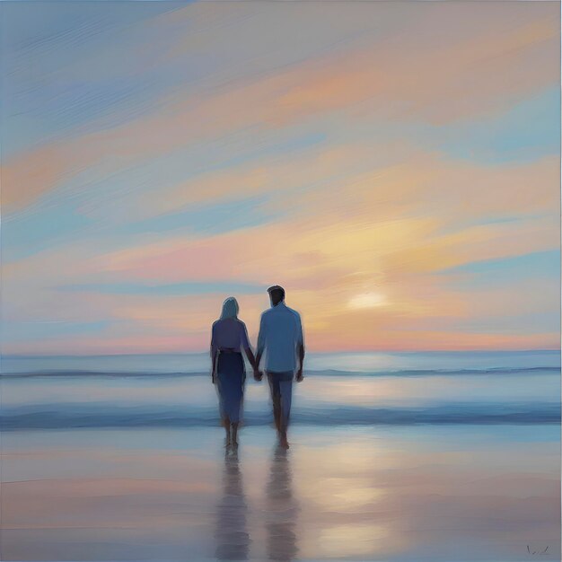 PSD casal de mãos dadas na praia ao pôr do sol cores pastel em estilo impressionista aigenerated