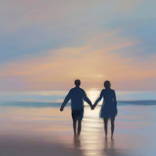 Casal de mãos dadas na praia ao pôr do sol cores pastel em estilo impressionista aigenerated