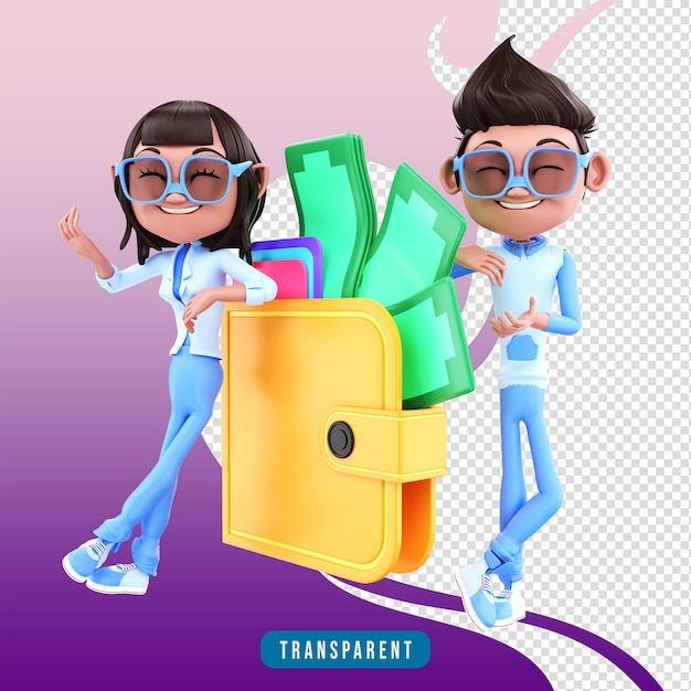 Casal de personagens 3d com carteira