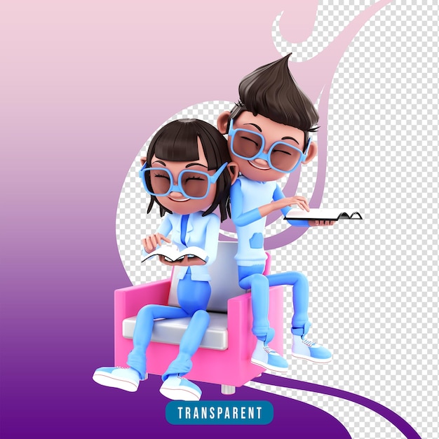 PSD casal de personagens de renderização 3d lendo um livro