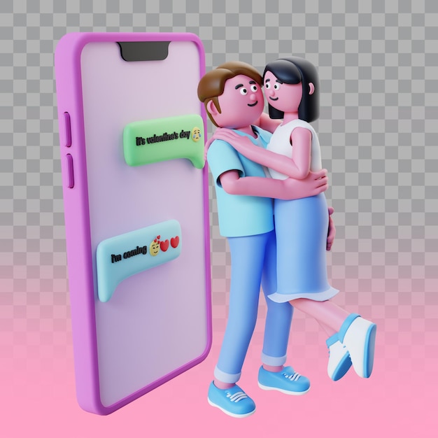 Casal de renderização 2d comemorando o dia dos namorados com telefone