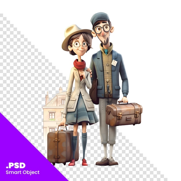 PSD casal de turistas com malas isoladas em um modelo psd de fundo branco