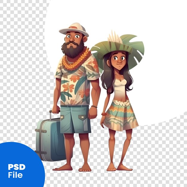 Casal de turistas com uma ilustração vetorial de mala em modelo psd de estilo cartoon