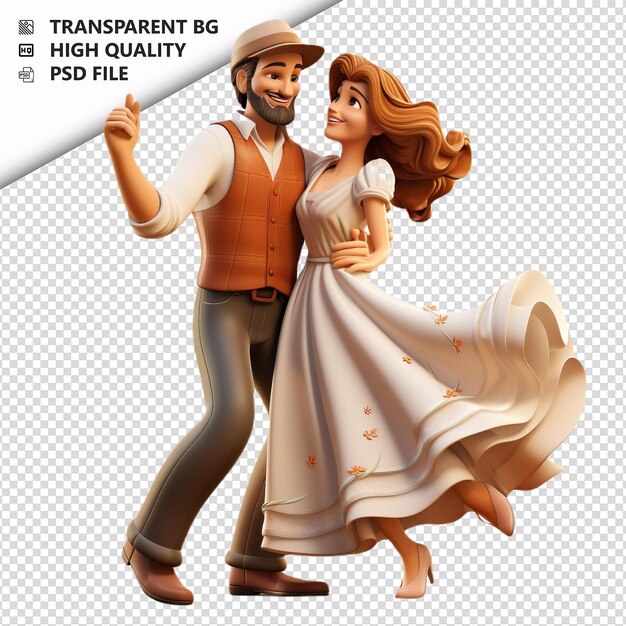 Casal europeu dançando em 3d estilo desenho animado com fundo branco