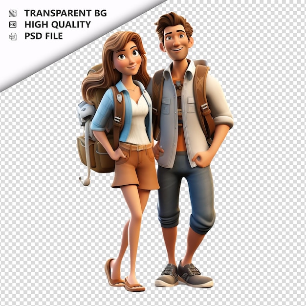 Casal europeu explorando estilo de desenho animado em 3d com fundo branco