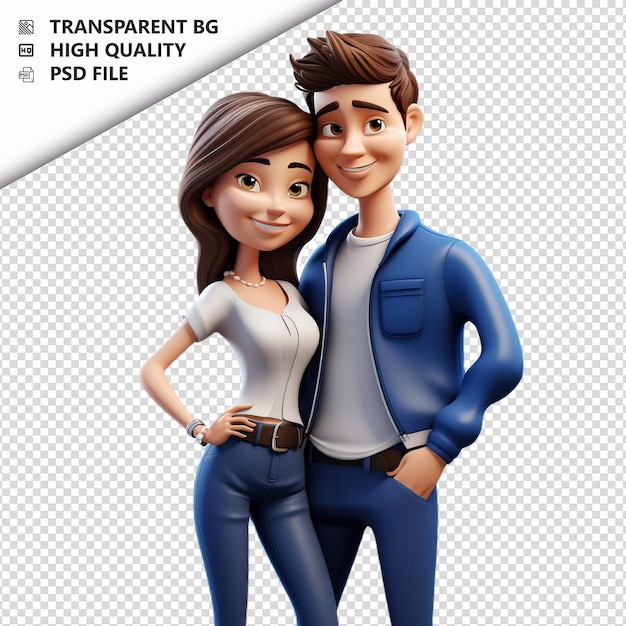 PSD casal europeu saudável em 3d estilo desenho animado com fundo branco