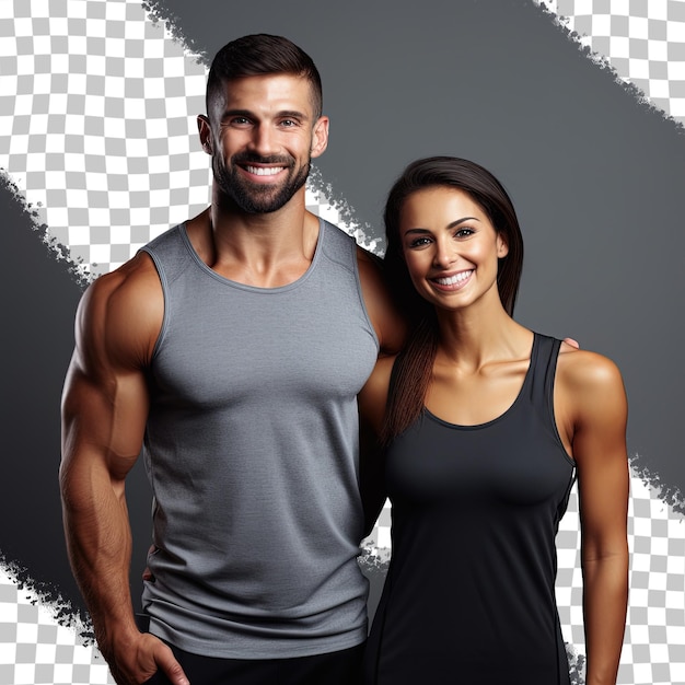 Casal feliz em roupas de treino posando contra um fundo transparente casal em forma relaxando depois do exercício lado a lado