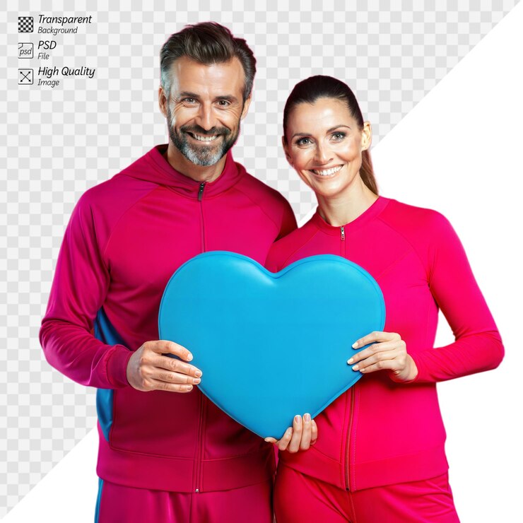 PSD casal feliz em roupas esportivas segurando o símbolo do coração azul