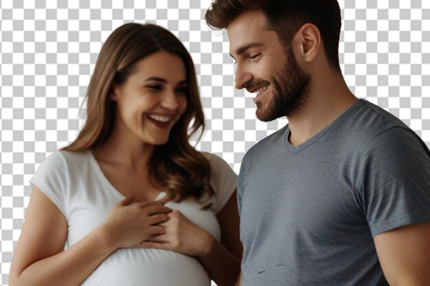 PSD casal feliz sentindo movimentos da barriga do bebê da mãe grávida