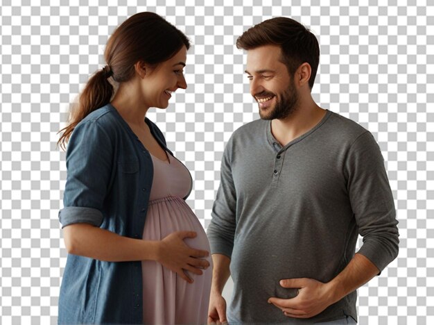 PSD casal feliz sentindo movimentos da barriga do bebê da mãe grávida