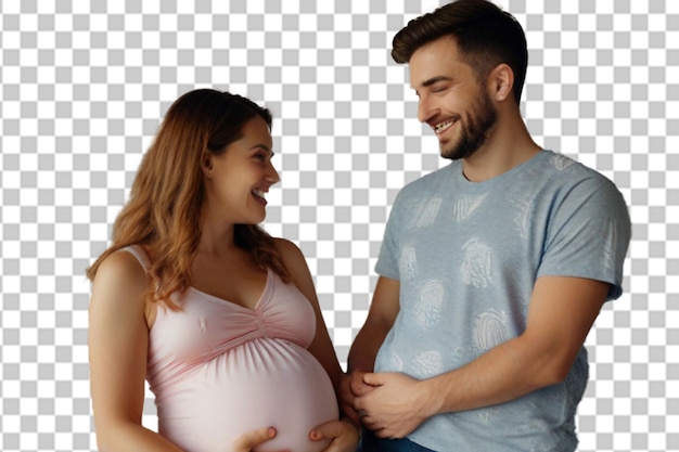 PSD casal feliz sentindo movimentos da barriga do bebê da mãe grávida