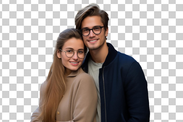 PSD casal jovem com óculos em fundo de chave cromada isolado