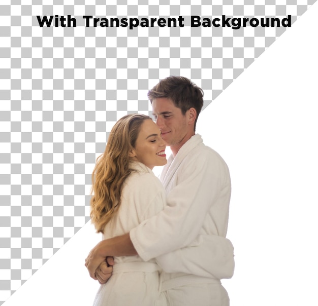 Casal jovem em roupão de banho abraçando ou segurando um ao outro PNG PSD Isolado em fundo transparente