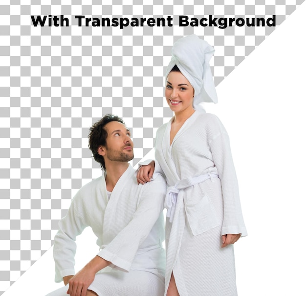 Casal jovem em roupão de banho sorrindo ou segurando um ao outro PNG PSD Isolado em fundo transparente