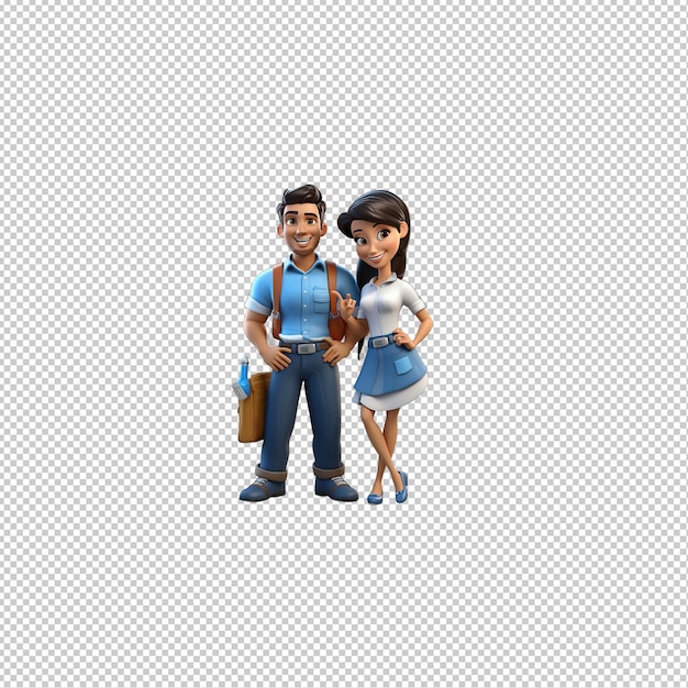 PSD casal latino voluntário em 3d com fundo transparente em estilo desenho animado
