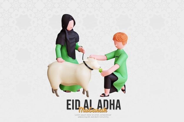 Casal muçulmano de personagem 3d alimentando shep para comemorar eid al adha mubarak