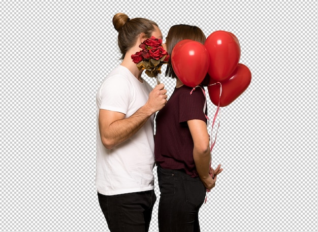 PSD casal no dia dos namorados com flores e balões com forma de coração