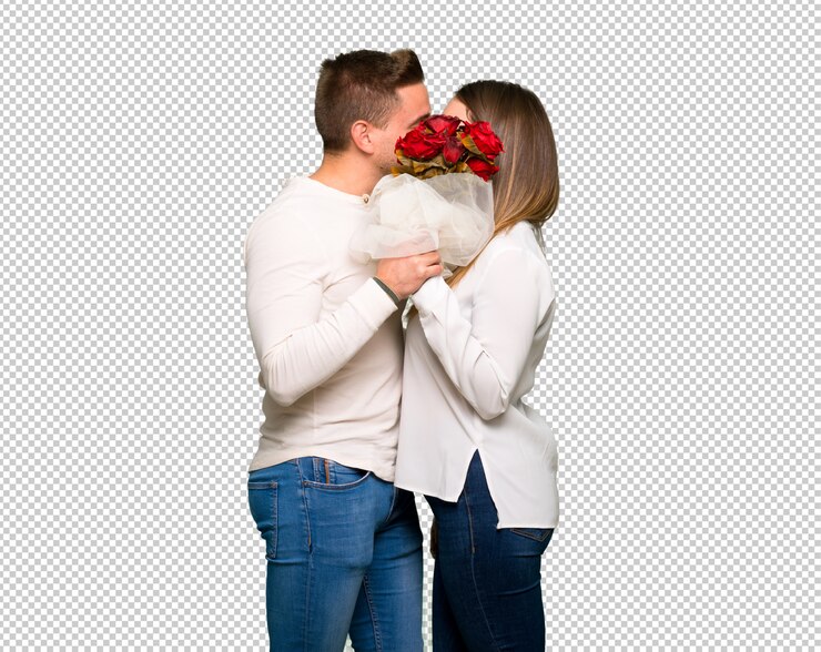 PSD casal no dia dos namorados com flores e beijos