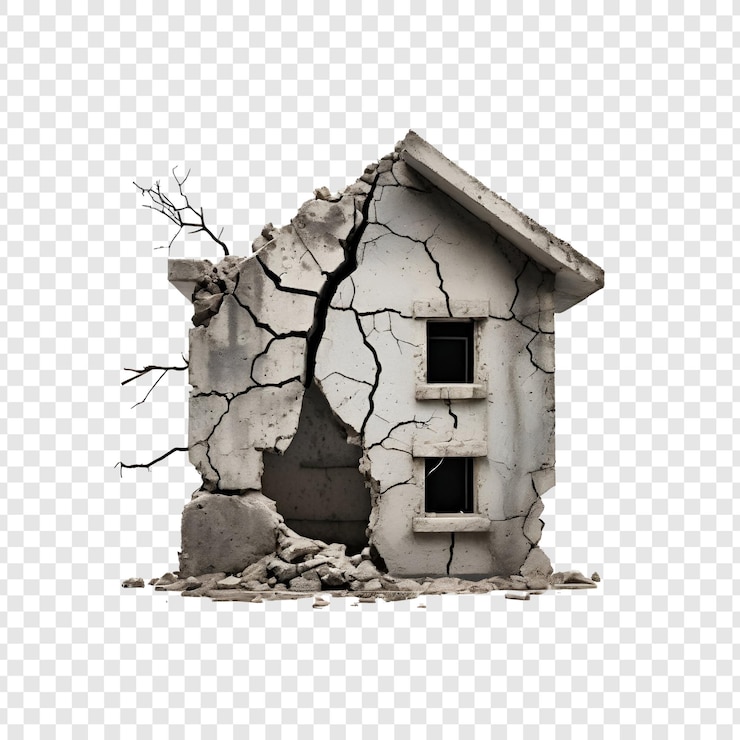 PSD casas dañadas terremoto ruinas de hormigón destrucción desastre grieta escombros muro edificio coll