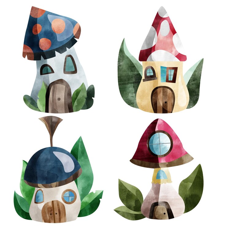 PSD casas de cogumelos aquareladas numa floresta caprichosa