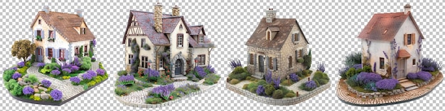 PSD casas em miniatura de jardim de lavanda isoladas em fundo transparente