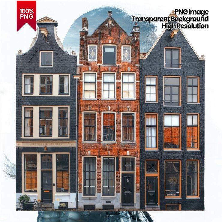 PSD casas encantadoras em canais de amsterdã com cores vibrantes em alta resolução png