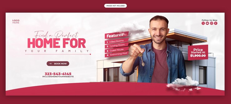 PSD casas inmobiliarias y propiedades plantilla de banner de portada de facebook