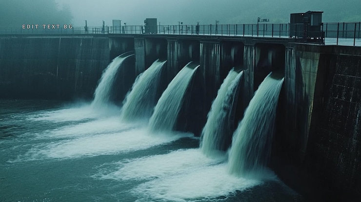 PSD cascada de agua sobre el vertedero de la presa en tiempo de niebla